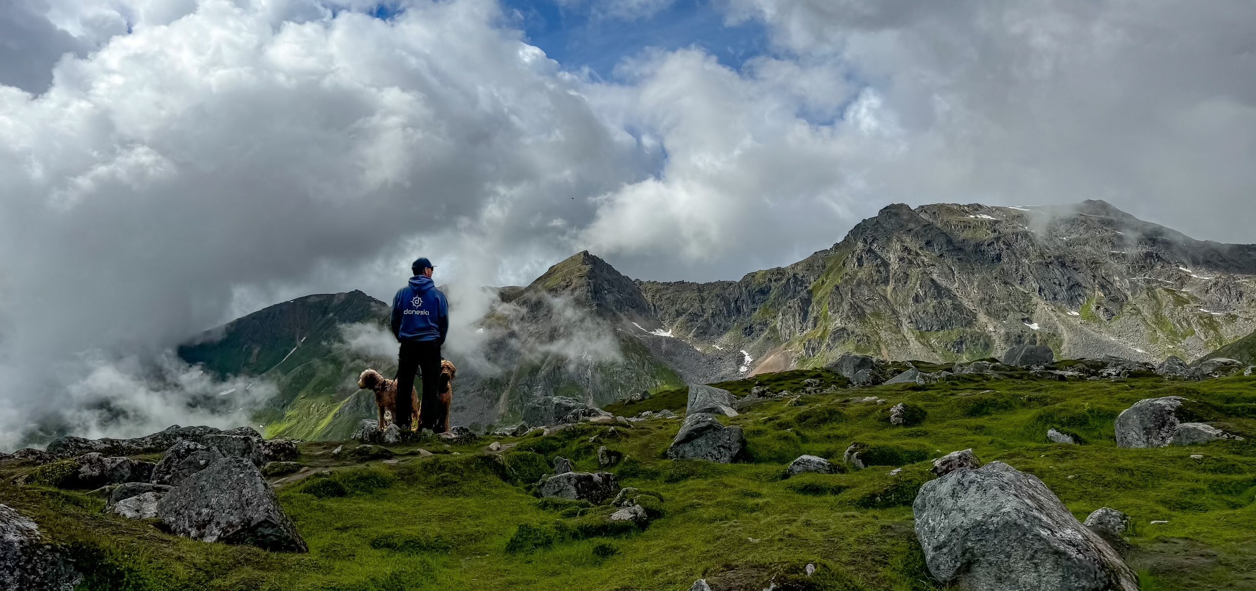 alaska hiking mountains dogs clouds grass outdoors